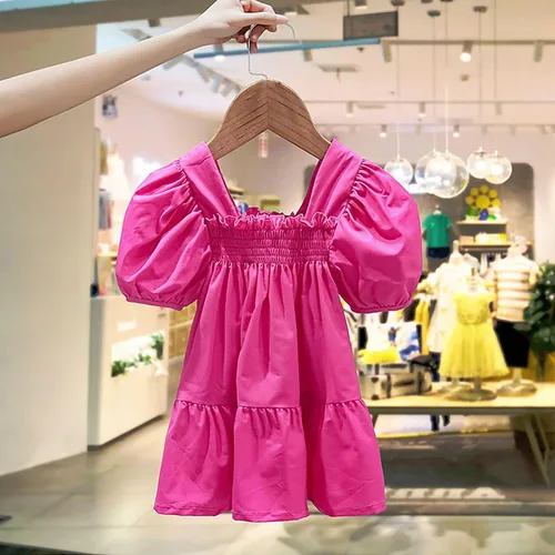 Miniatura 2 de VEFSU Toddler Kids Baby Girls Dress Puff Sleeves Solid Casual Party Ruffled Princess Dresses Infant Girl Clothes Dresses