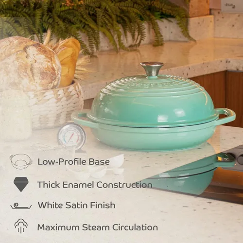 Miniatura 8 de Sartén de hierro fundido esmaltado con tapa, horno de pan verde de 11 pulgadas, molde para hornear masa madre de hierro fundido, horno holandés
