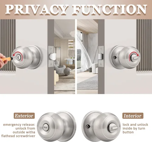 Miniatura 4 de Probrico - 4 pomos redondos de privacidad para puerta (bloqueo de giro del pulgar en el interior), manijas de puerta sin llave para Níquel satinado