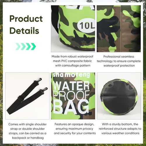 Miniatura 5 de Bolsa seca impermeable de 5L/10L/15L/20L/30L Mochila de almacenamiento en seco con funda para teléfono, botella de agua plegable, gafas de sol, Verde