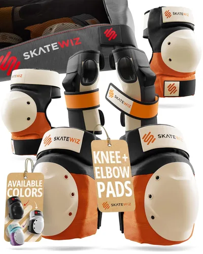 Skatewiz Rodilleras y coderas para adultos - Equipo de protección para patinaje adulto - Escudo - Tamaño L Naranja - Almohadillas para patineta con