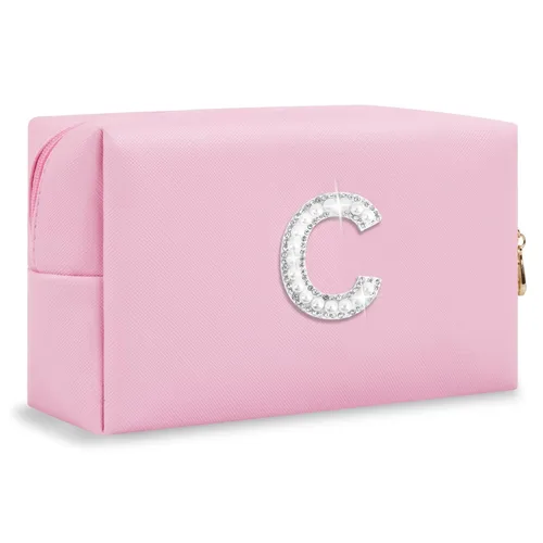 Miniatura 264 de Pequeña bolsa de maquillaje personalizada con inicial A-Z Preppy Patch, bolsa de cosméticos de viaje de felpilla blanca con cremallera, bonita bolsa