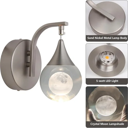 Miniatura 6 de Sedelan Aplique de pared de cristal, apliques de pared LED modernos para interiores, lámpara de pared de luna regulable de 5 W para dormitorio