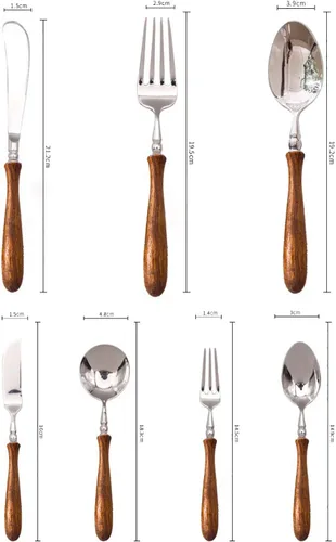 Miniatura 5 de Juego de cubiertos de mango de madera para 2, juego de cubiertos de lujo de acero inoxidable de 14 piezas, utensilios de cocina, juego de vajilla