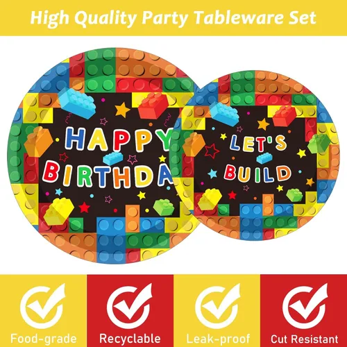 Miniatura 4 de gisgfim 96 piezas de suministros para fiesta de cumpleaños con bloques de construcción, platos de papel, servilletas, bloques coloridos, decoración