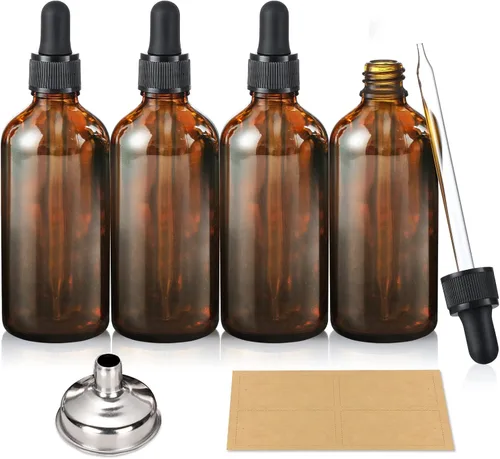 AOZITA Paquete de 4, botellas cuentagotas de 100 ml con 1 embudo y 4 etiquetas - Botellas para aceites esenciales para salud, cuidado personal y