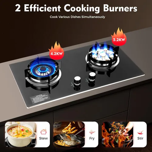 Miniatura 2 de Estufa de Gas de 28 Pulgadas, Estufa de Gas de 2 Quemadores con Superficie de Vidrio Templado Empotrada de Gas Natural para Cocina del Hogar