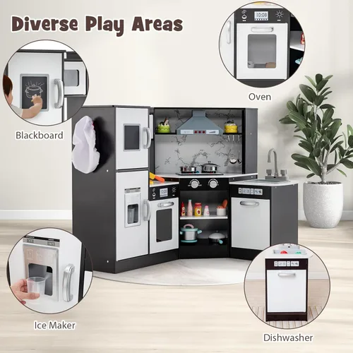 Miniatura 4 de Costzon Juego de cocina para niños, 2 piezas de juguete de cocina con luz, sonido, lavabo, microondas, pizarra, máquina de hielo, campana Negro