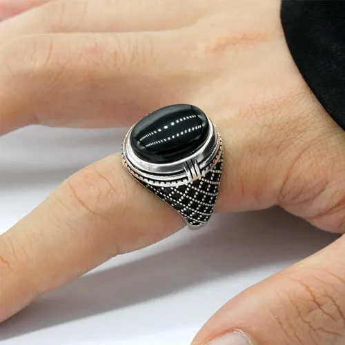 Miniatura 3 de SKOOMEN Anillo de plata de ónix negro para hombre, anillo ovalado grande con caja de joyería, joyería fina para hombre con piedras preciosas