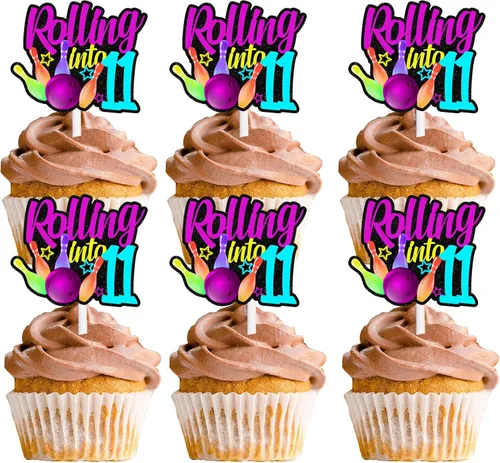 Miniatura 24 de 18 piezas de bola de boliche con purpurina, decoración de postre, magdalenas, boliches, 6 temas, suministros de decoración para niños y niñas