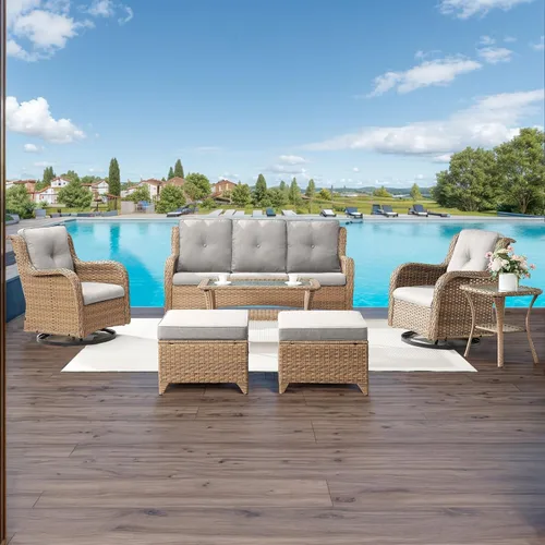 Miniatura 137 de HUMMUH Sillas Mecedoras Giratorias de Mimbre para Patio Exterior con Respaldo Alto, Sillas Deslizantes de Ratán PE, Juego de Muebles de Patio de 4