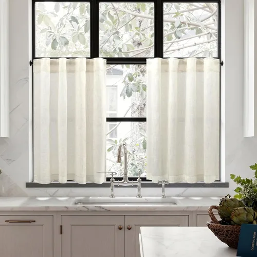 Miniatura 62 de Cortinas de lino azul de 84 pulgadas de largo para sala de estar; juego de 2 paneles con lengüeta trasera; cortinas con dobladillo para barra; Azul