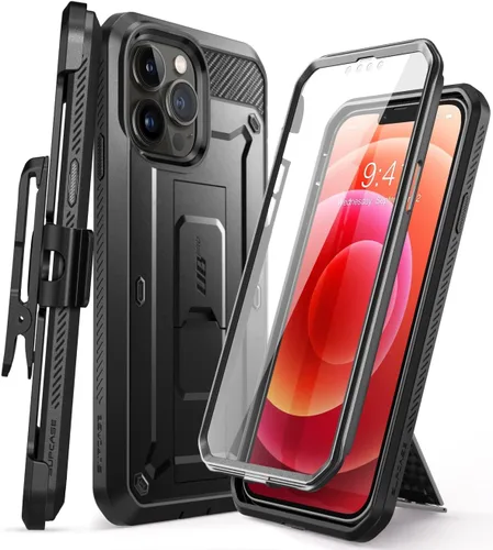 SUPCASE Funda para iPhone 13 Pro con soporte y clip para cinturón (Unicorn Beetle Pro), [protector de pantalla integrado] [protección de grado Negro