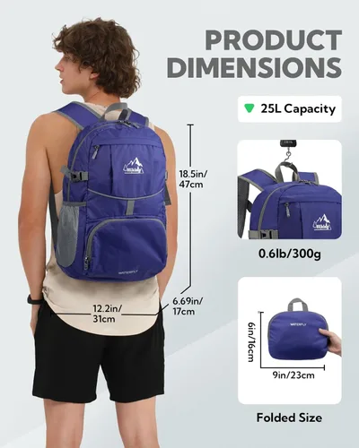 Miniatura 2 de WATERFLY Mochila de senderismo plegable: mochila de día de 25L ultra ligera para mujer y hombre - pequeña mochila plegable compacta para deportes al