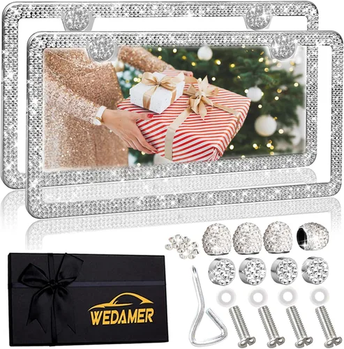 Miniatura 13 de WEDAMER Paquete de 2 marcos de matrícula negros para mujer, marco de matrícula con diamantes de imitación brillantes con purpurina deslumbrante