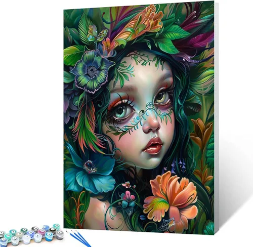 Miniatura 12 de Kit de pintura de cabeza de niña con flores, por números, con pinceles, animales, gatos, pintura al óleo acrílica para adultos y niños, plantas
