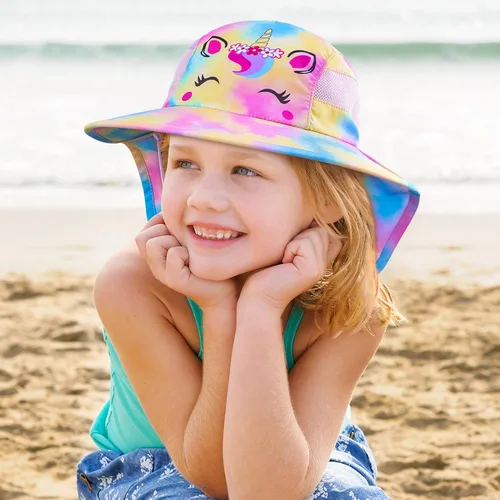 Miniatura 147 de Sombrero de sol para niños, protección UV, unicornio, verano, playa, jugar con ala ancha, solapa para el cuello para niñas y niños