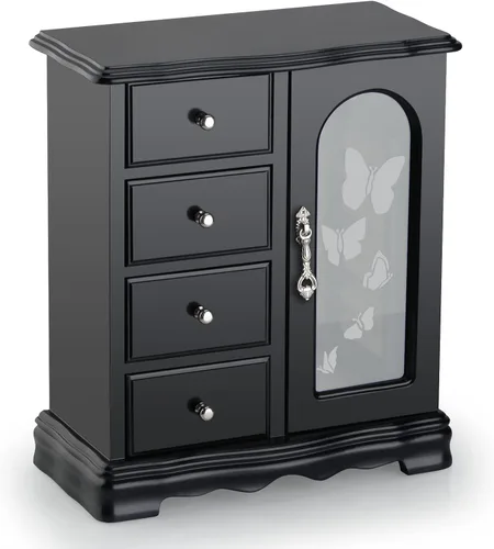 Miniatura 2 de RR ROUND RICH DESIGN Joyero Hecho de madera maciza con 4 cajones organizador y carrusel de collar integrado y espejo grande negro