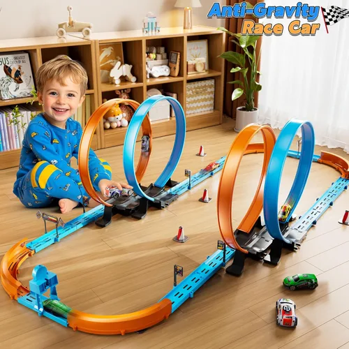 Miniatura 4 de Conjunto de Pista de Carreras de Coches LILYBUDS para Niños, Niños de 3-5 4-7 años, Pistas de Carreras con 4 Zonas de Choque y Coches de Ranura