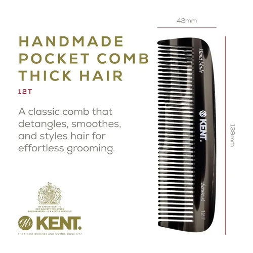 Miniatura 2 de Kent Peine de dientes anchos 12T G, peine desenredante de cabello, peine de bolsillo hecho a mano para cabello grueso, rizado, ondulado, peine