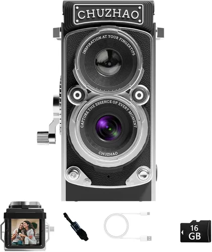 Cámara digital vintage mini de CHUZHAO, cámara portátil estilo TLR retro de apuntar y disparar, cámara compacta pequeña de bolsillo 1080P FHD con