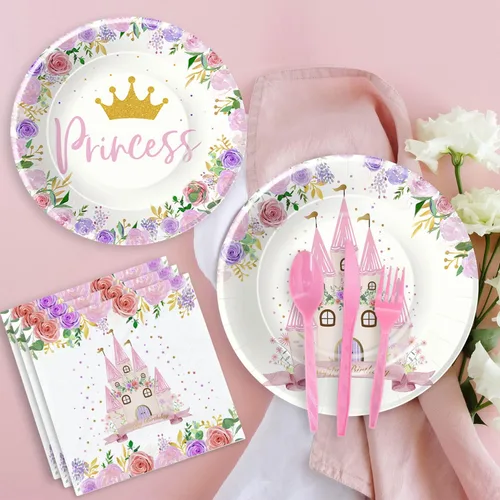 Miniatura 4 de Vajilla para decoración de fiesta de princesa, suministros para fiesta de cumpleaños de princesa, incluye platos, vasos, servilletas, mantel