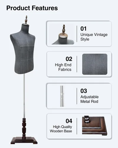 Miniatura 3 de Forma de vestido masculino, maniquí masculino Troso cuerpo con soporte de madera, altura ajustable Maniquí de ropa para exhibición y costura
