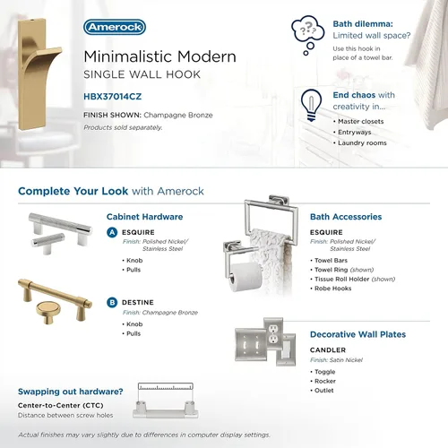 Miniatura 6 de Amerock HBX37014CZ Apex Gancho decorativo de pared de una sola punta Gancho de bronce champán para abrigos, sombreros, mochilas, bolsas