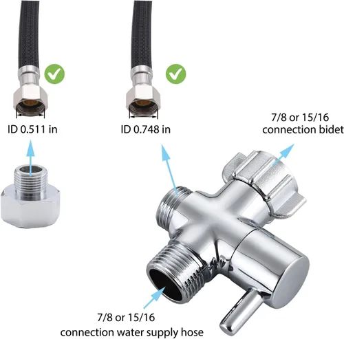 Miniatura 3 de Adaptador de bidé T con válvula de cierre, válvula T de 3 vías para bidé, adaptador T de metal para inodoro de mano, 7/8 "x 7/8" × 1/2" o 3/8