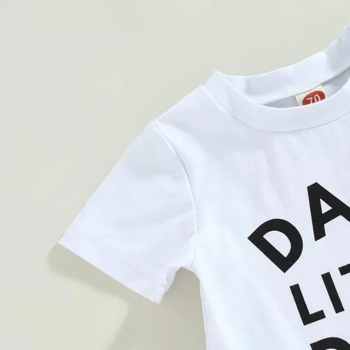 Miniatura 61 de Conjunto de traje de verano para bebé niño pequeño, manga corta, cuello redondo, letras impresas, lindo traje de verano, conjunto de 2 piezas