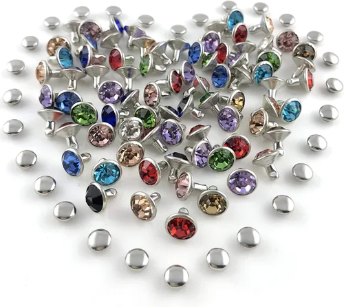Miniatura 5 de 100 juegos de remaches de 8 mm de colores mixtos con cristales CZ, remaches de strass, remaches de plata con puntas de color plateado