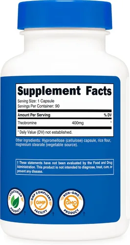 Miniatura 5 de Nutricost Teobromina 400 mg, 90 cápsulas vegetarianas, sin gluten, sin OMG