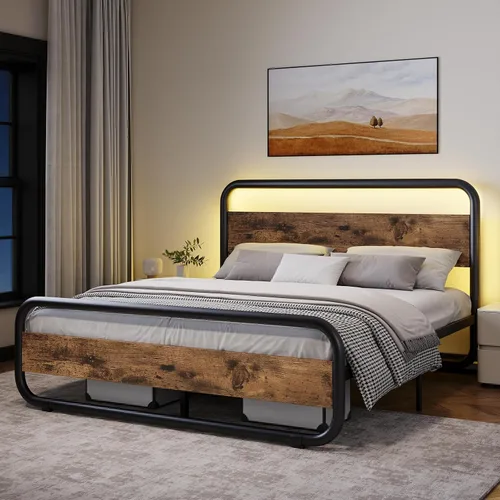 Miniatura 19 de Catrimown - Marco para cama individual con luces LED, marco de cama plataforma individual resistente de metal rústico con cabecera de madera