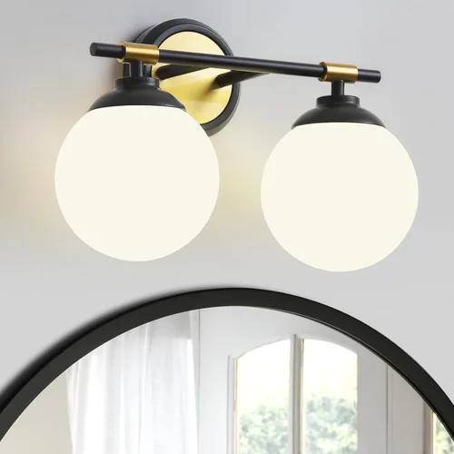Miniatura 8 de Rayogale Lámparas de baño doradas, ETL 2 luces de tocador sobre espejo con vidrio esmerilado, iluminación suave, apliques de baño de 15 pulgadas