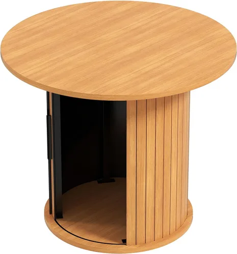 Miniatura 9 de COSVALVE Mesa de Café Redonda de Madera 60CM con Almacenamiento Oculto y Puerta Deslizante, Conjunto de Mesas Auxiliares Circulares de Estilo Granja