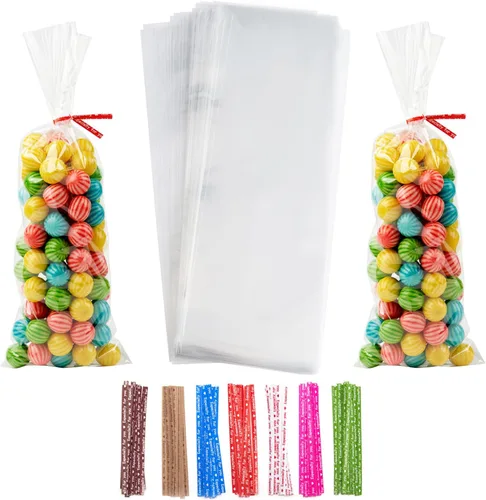 Volanic 100 bolsas transparentes para golosinas de 3 x 11 pulgadas, bolsa plana de celofán OPP con coloridos lazos giratorios para regalo de boda,