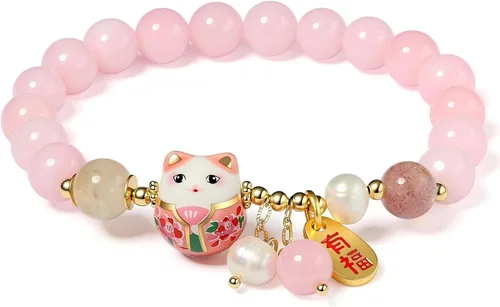 Miniatura 7 de Pulsera de gato de la suerte con cristal azul, colgante de gato de cerámica, joyería de buena suerte Feng Shui para mujer, pulsera de riqueza