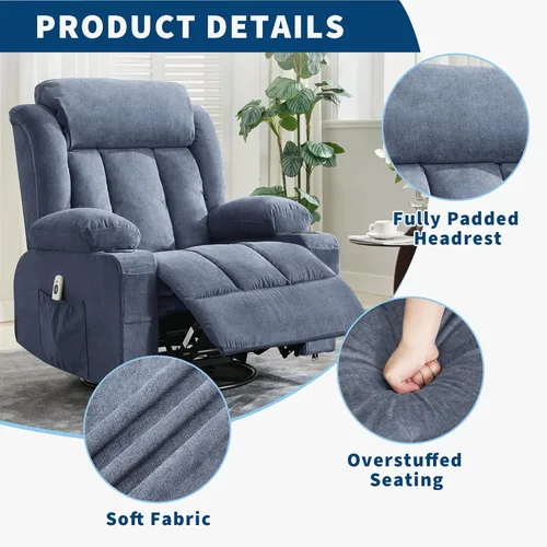 Miniatura 4 de 360° Swivel Rocker Recliner Chair with Heat and Massage, 3 Positions, USB Ports, Side Pockets, Cup Holders, for Living Room, Bedroom, Blue Marrón