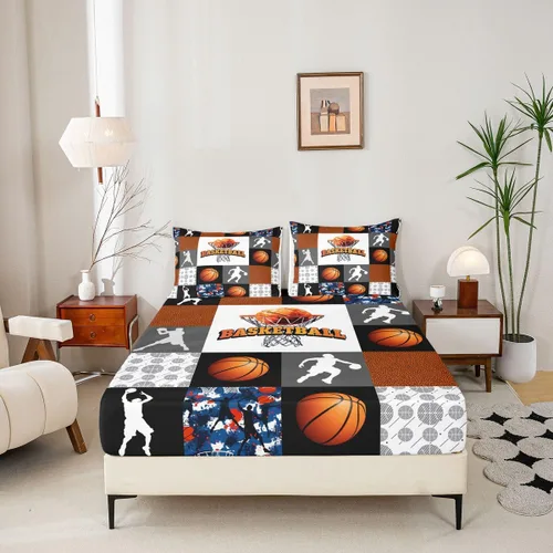 Miniatura 7 de Sábanas de baloncesto tamaño matrimonial con bolsillo profundo para niños, ropa de cama deportiva, juego de sábanas para atletas de baloncesto