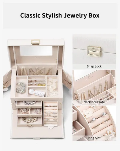 Miniatura 63 de Vlando Joyero de piel sintética, organizador mediano de joyería, regalo vintage para mujer, patrón de cruz rosa