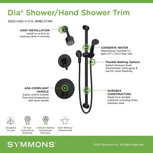 Miniatura 4 de Symmons 3505-H321-V-CYL-BMB1.5TRM - Moldura de ducha de 2 manijas con 1 pulverizador de ducha de mano en negro mate (válvulas no incluidas)