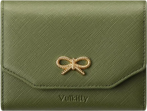 Cartera para mujer con decoración de cinta dorada, bloqueo RFID, billetera triple plegable para tarjetas de crédito, de cuero prémium, Verde cruz.,