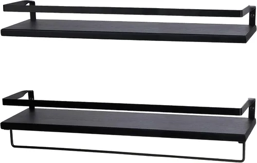 Peter's Goods Estantes flotantes de pared con riel, grandes, color negro moderno, juego de 2 estantes con toallero - Estante de madera montado en la