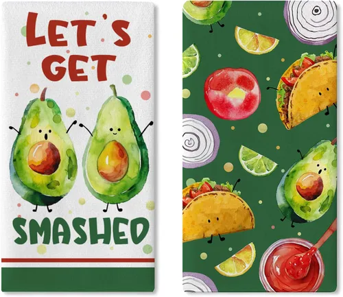 Let's Get Smashed - Juego de 2 paños de cocina mexicanos con frutas verdes, aguacate, taco, secado de tacos, toalla de mano para hornear, divertida