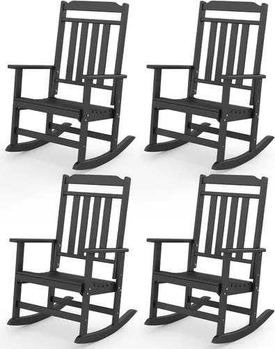 Miniatura 11 de GREENVINES Juego de 2 sillas mecedoras para exteriores Plástico HDPE Mecedoras de patio Silla mecedora de porche De gran tamaño Respaldo