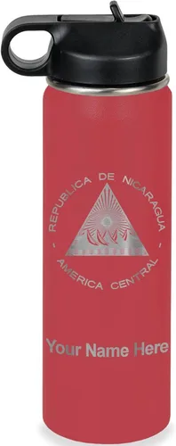 Miniatura 10 de LaserGram Botella de agua personalizada, bandera de Nicaragua, acero inoxidable de doble pared aislada al vacío con popote superior, regalo grabado
