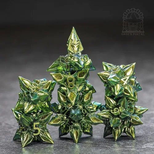 Miniatura 14 de Sage's Portal Deadly Blossoms - Juego de 7 dados poliédricos de metal para DND TTRPG Dungeons and Dragons Pathfinder, dados ornamentales de diseño