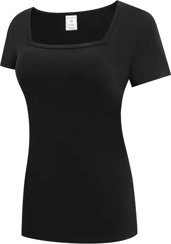 Miniatura 2 de OThread & Co. Camiseta de manga corta para mujer, cómoda, cuello cuadrado, capa elástica básica