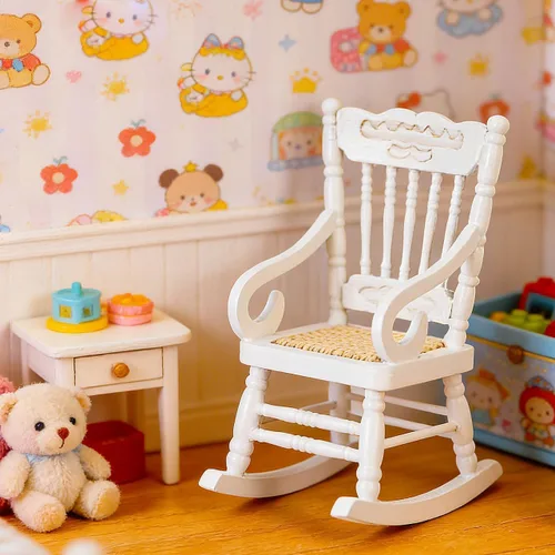 Miniatura 8 de SOIMISS Mecedora de madera blanca en miniatura, asiento de cuerda de cáñamo, escala 1:12, accesorios para muebles de casa de muñecas, decoración