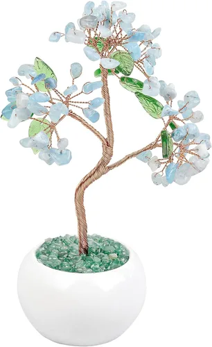 Miniatura 3 de Rockcloud Árbol de dinero de cristal curativo de aguamarina de 6.5 pulgadas, bonsái Fengshui con base de cerámica para buena suerte, riqueza